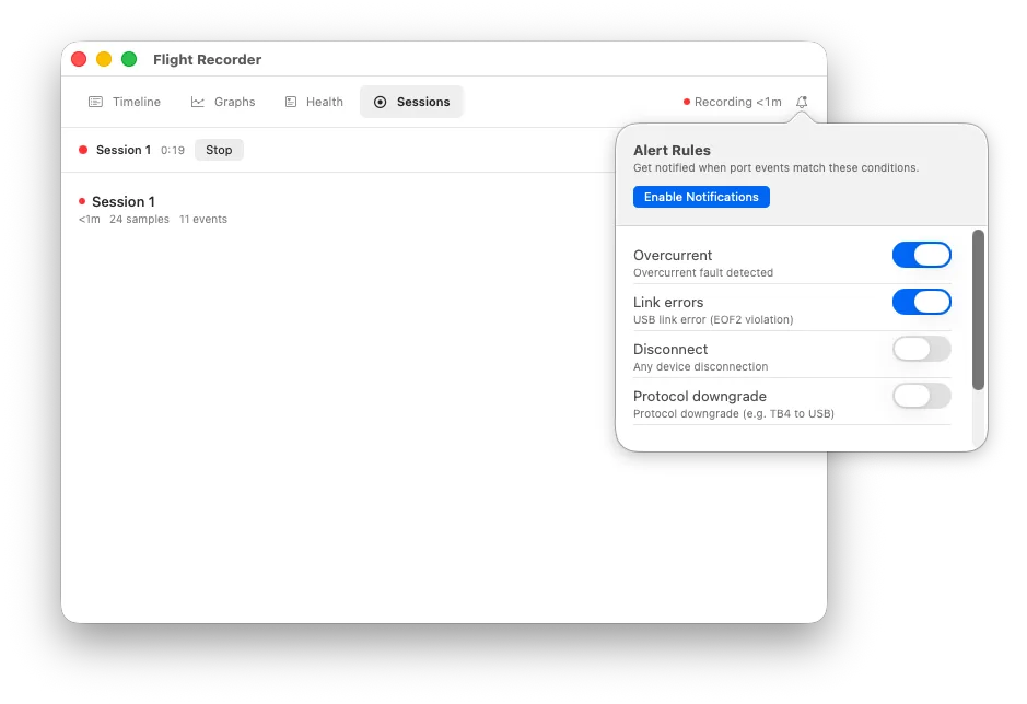 Flight Recorder alert rules for overcurrent, link errors, disconnects, and protocol downgrades