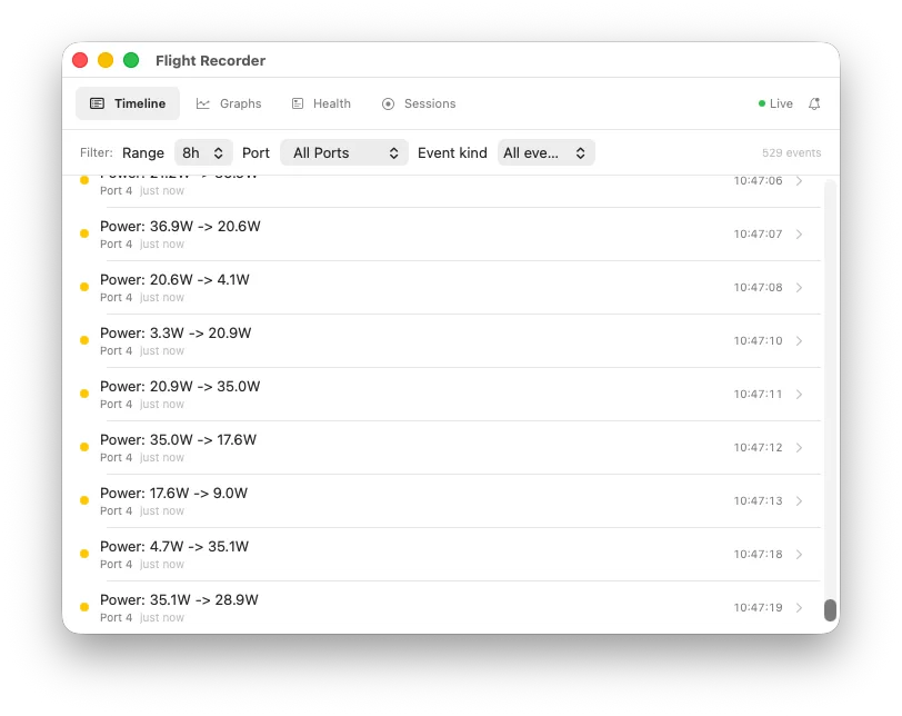 Flight Recorder timeline listing plug, unplug, and power events with timestamps