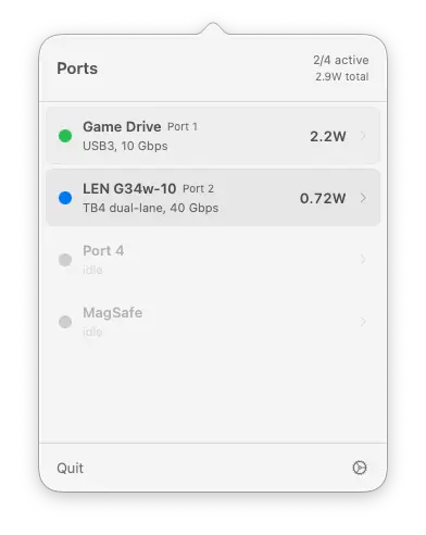 WhatPort menu bar showing connected USB-C devices with protocol and power info